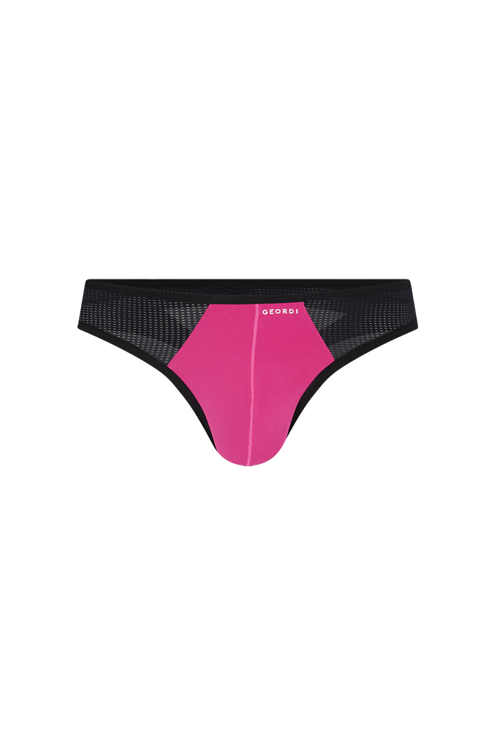 tanga brasilera Diane&Geordi con abertura posterior y cortes en malla, color negro con fucsia, fondo transparente